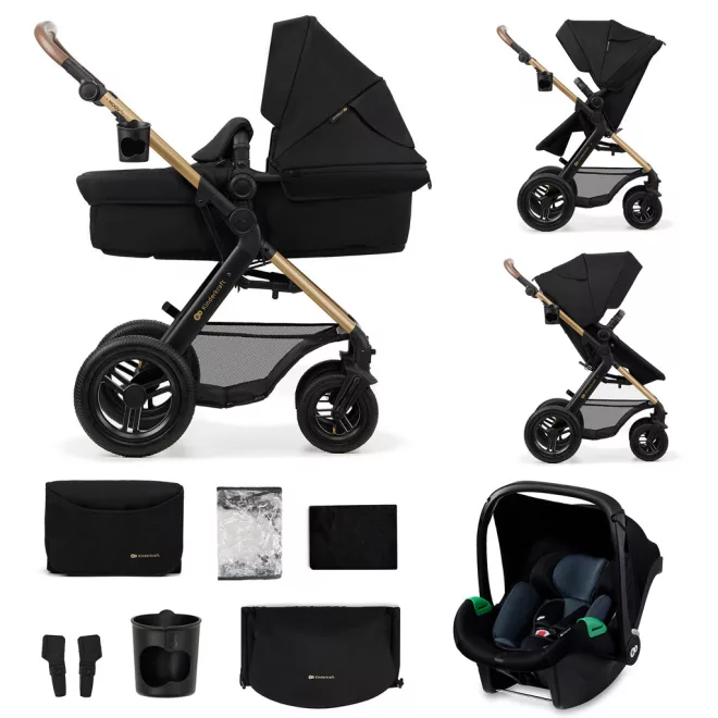 Kinderkraft Moov 2 Air 3 az 1-ben Kombinált Multifunkciós Babakocsi Pure Black - Mózeskosár, Sportülés és Autós Hordozó Egyben, Prémium Rugózással és Felfújható Kerekekkel