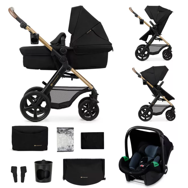 Kinderkraft Moov 2 3 az 1-ben Kombinált Multifunkciós Babakocsi Pure Black - Mózeskosár, Sportülés és Autós Hordozó Egyben, Habkerekekkel és Kompakt Fekete Kivitelben
