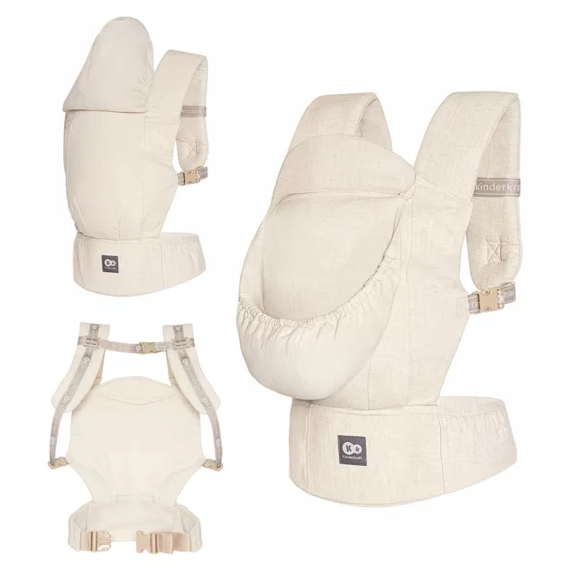Kinderkraft ELARA Beige Ergonomikus Babahordozó 3 Hónapos Kortól 20kg-ig, Légáteresztő Len-Pamut Kivitel