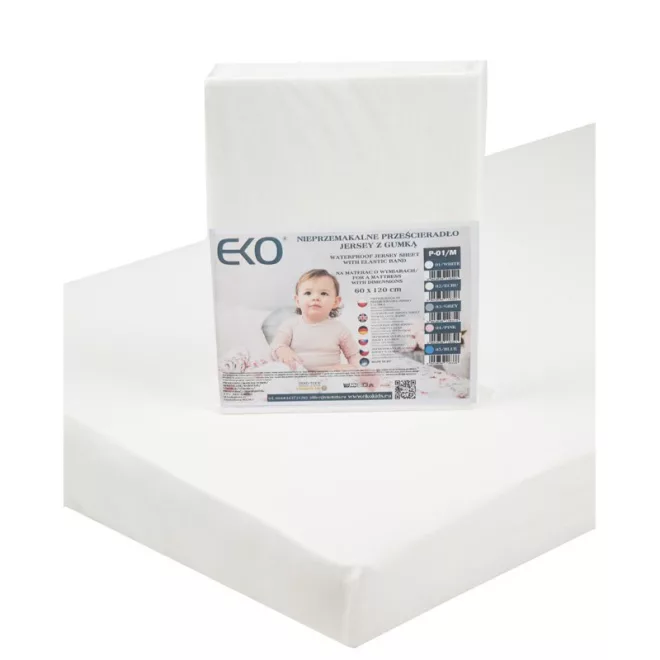 EKO Vízálló Gumis Jersey Lepedő Fehér 120x60cm - Puha, Légáteresztő és Nedvességálló Pamut Lepedő Kiságyhoz