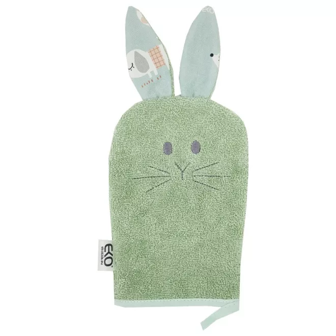 EKO Pamut Füles Mosdókesztyű Bunny Olive Green 20x15cm - Gyengéd Tisztításhoz és Kényelmes Fürdetéshez