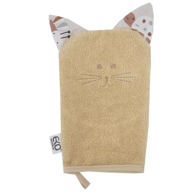 EKO Pamut Füles Mosdókesztyű Cat Beige 20x15cm - Gyengéd Tisztításhoz és Kényelmes Fürdetéshez