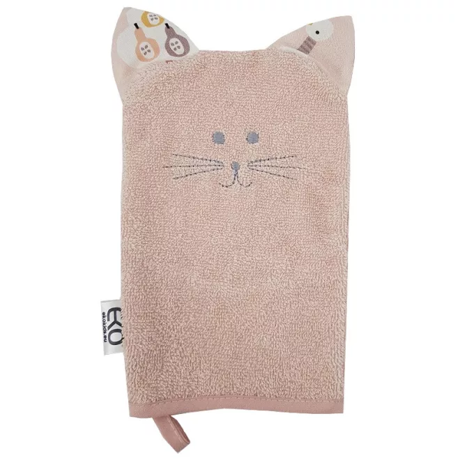 EKO Pamut Füles Mosdókesztyű Cat Rose Pink 20x15cm - Gyengéd Tisztításhoz és Kényelmes Fürdetéshez