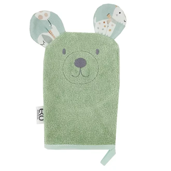 EKO Pamut Frottír Mosdókesztyű Bear Olive Green 20x15cm Fülekkel - Gyengéd Tisztításhoz és Kényelmes Fürdetéshez
