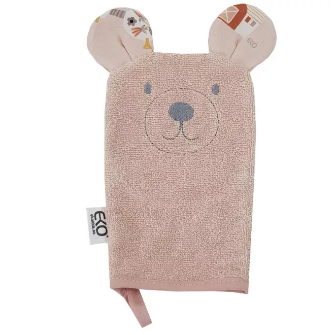 EKO Pamut Frottír Mosdókesztyű Bear Rose Pink 20x15cm Fülekkel - Gyengéd Tisztításhoz és Kényelmes Fürdetéshez