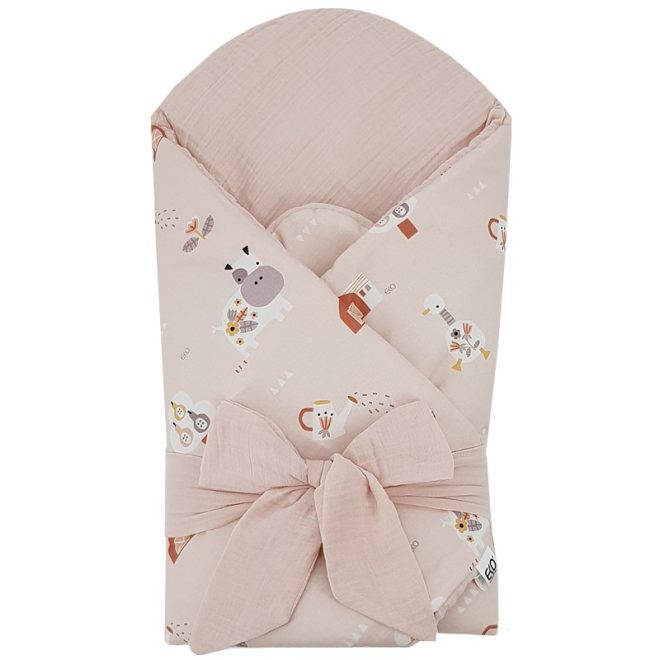 EKO Muszlin Pólya Kivehető Kókusz Betéttel My Farm Muszlin Púderrózsaszín 75x75cm - Biztonságos Pólyázáshoz és Nyugodt Pihenéshez