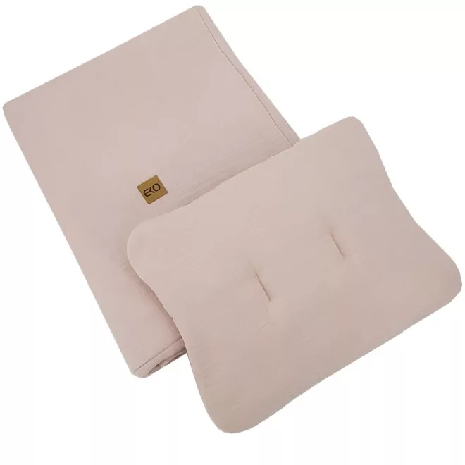 EKO Powder Pink 2 Részes Muszlin Babaágynemű Szett 30x40cm és 75x100cm - Puha, Könnyű és Bőrbarát Alváshoz