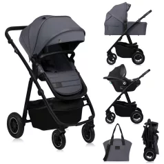   Lionelo Amber Plus 3 az 1-ben Kombinált Babakocsi Szürke Grafit - Mózeskosárral, Sportüléssel és Autósüléssel, Komplett Utazórendszer