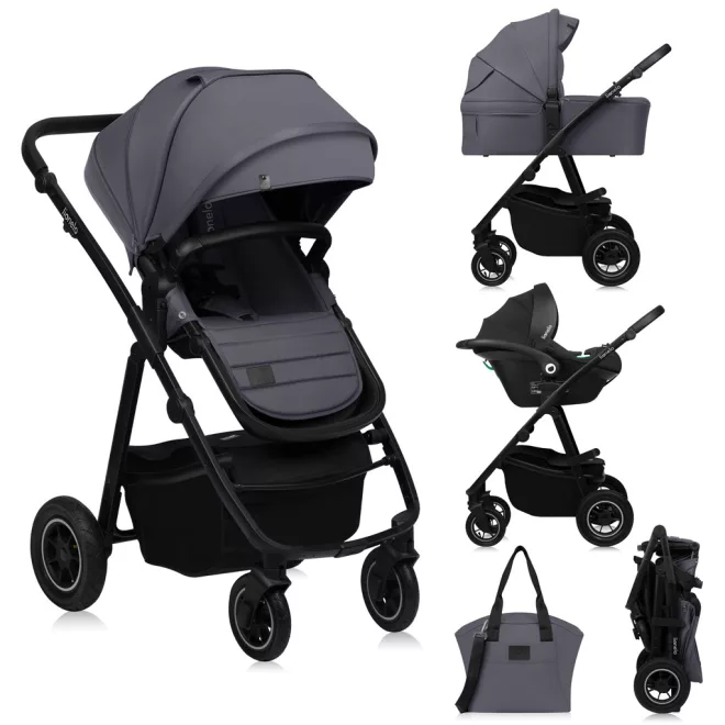 Lionelo Amber Plus 3 az 1-ben Kombinált Babakocsi Szürke Grafit - Mózeskosárral, Sportüléssel és Autósüléssel, Komplett Utazórendszer