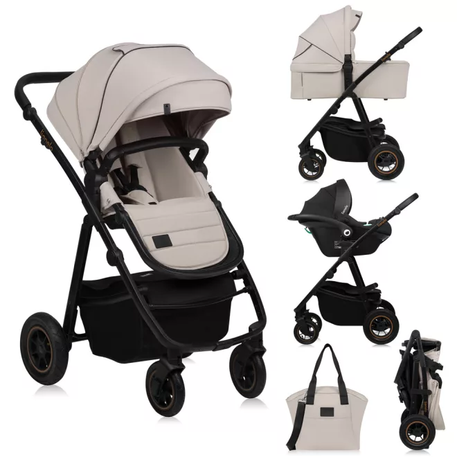 Lionelo Amber Plus 3 az 1-ben Kombinált Babakocsi Bézs Homok - Mózeskosárral, Sportüléssel és Autósüléssel, Komplett Utazórendszer