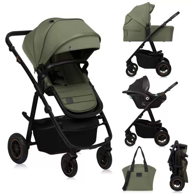 Lionelo Amber Plus 3 az 1-ben Kombinált Babakocsi Zöld Erdő - Mózeskosárral, Sportüléssel és Autósüléssel, Komplett Utazórendszer