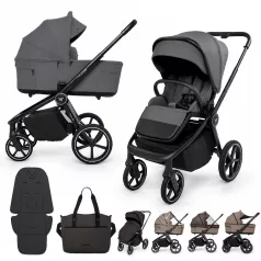 Muuvo Fold Iron Graphite 2in1 Kombinált Babakocsi – Összecsukható Mózeskosárral és UPF50+ Védelemmel