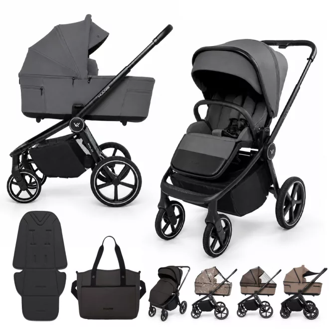 Muuvo Fold Iron Graphite 2in1 Kombinált Babakocsi – Összecsukható Mózeskosárral és UPF50+ Védelemmel