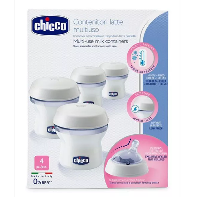 Chicco Többcélú Anyatejtároló Edények Natural Feeling Cumisüveg-fejjel, 4db - Praktikus Tároló és Etetőpalack Kombináció Újszülött Kortól