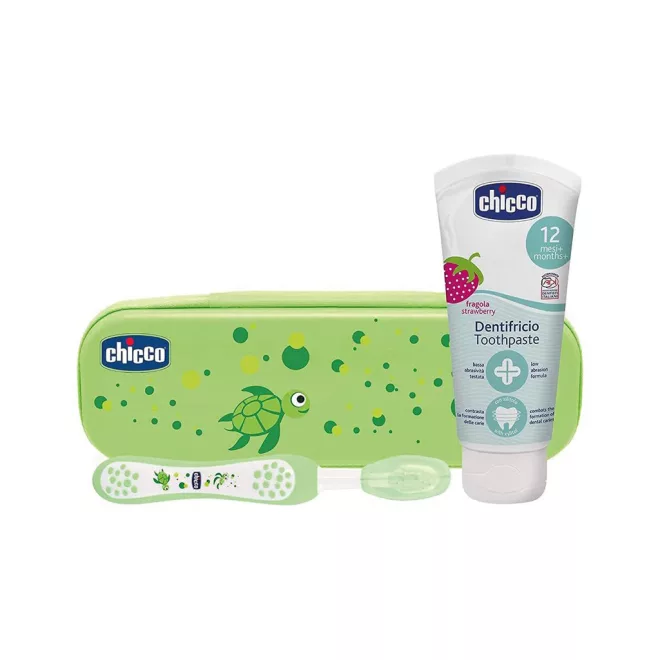 Chicco Fogkefe és Fluoridos Fogkrém Készlet Always Smiling Tokban Zöld 12 hónapos kortól - Gyengéd Mindennapi Fogápoláshoz