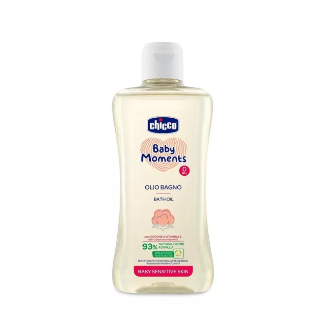 Chicco Baby Moments Sensitive Fürdőolaj Pamutkivonattal és E-vitaminnal 200 ml - 93% Természetes Összetevő, Gyengéd Bababőr Ápolás