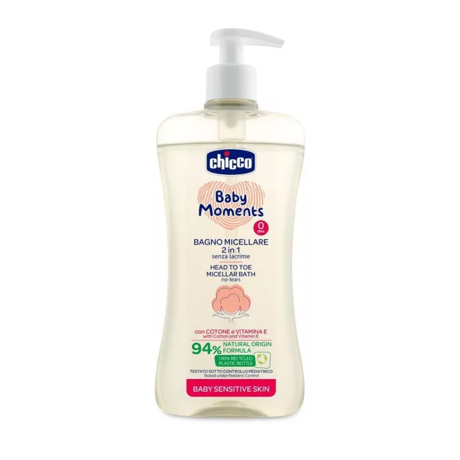 Chicco Baby Moments Sensitive Micellás Sampon Hajra és Testre Adagolóval 500ml - 94% Természetes Összetevőkkel, Gyengéd Tisztítás Érzékeny Bababőrre, Újszülött Kortól