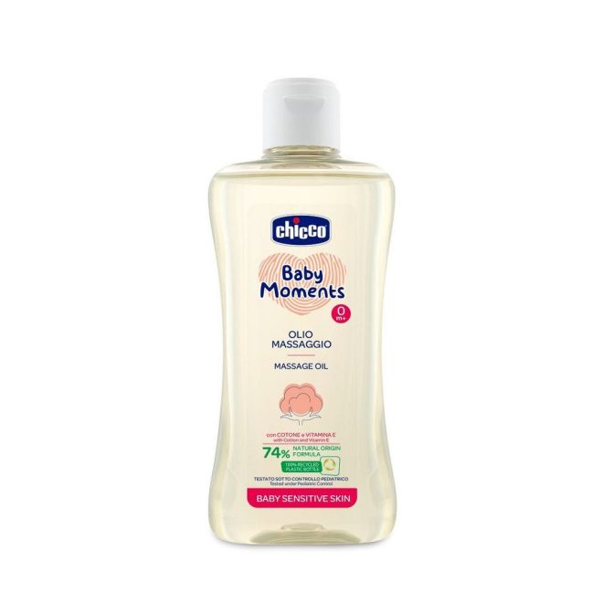 Chicco Baby Moments Sensitive Masszázsolaj Pamutkivonattal és E-vitaminnal - 74% Természetes Összetevőkkel, Gyengéd Baba Masszázshoz