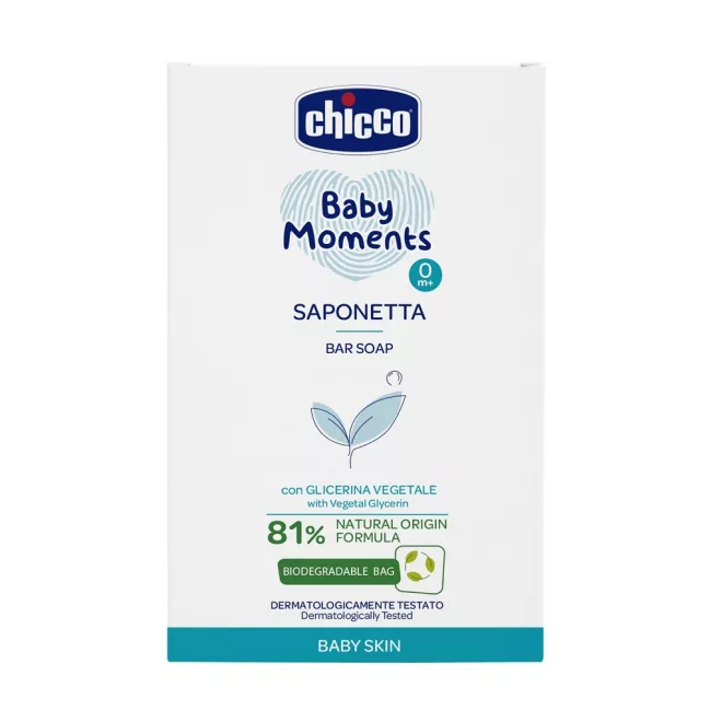 Chicco Baby Moments Szilárd Kézi Szappan Növényi Glicerinnel 100g - 81% Természetes Összetevőkkel, Gyengéd Tisztítás Babáknak és Családnak