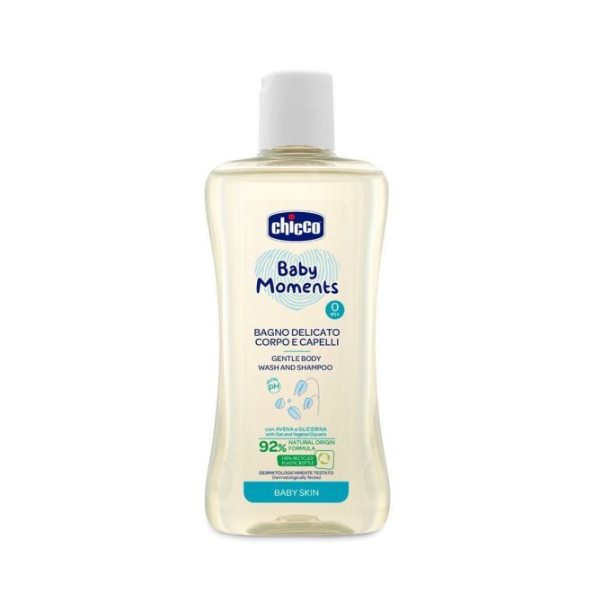 Chicco Baby Moments Kímélő Sampon Hajra és Testre 200ml - 92% Természetes Összetevőkkel, Gyengéd Tisztítás Érzékeny Bababőrre, Újszülött Kortól