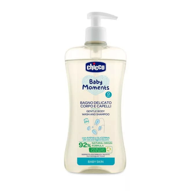 Chicco Baby Moments Kímélő Sampon Hajra és Testre Adagolóval 500ml - 92% Természetes Összetevőkkel, Gyengéd Tisztítás Érzékeny Bababőrre, Újszülött Kortól