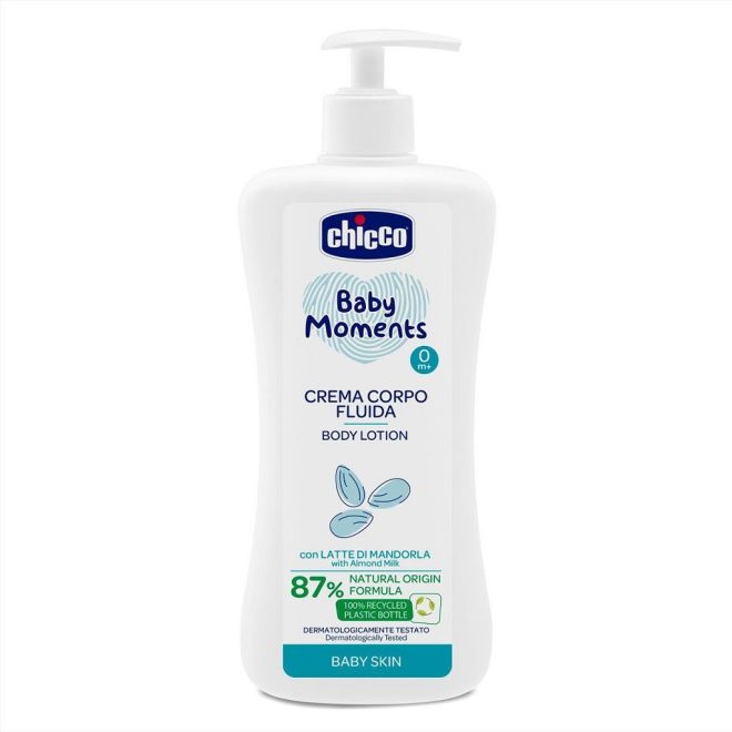Chicco Baby Moments Testápoló Tej Adagolóval 500ml - 87% Természetes Összetevőkkel, Gyengéd Hidratálás Érzékeny Bababőrre, Újszülött Kortól