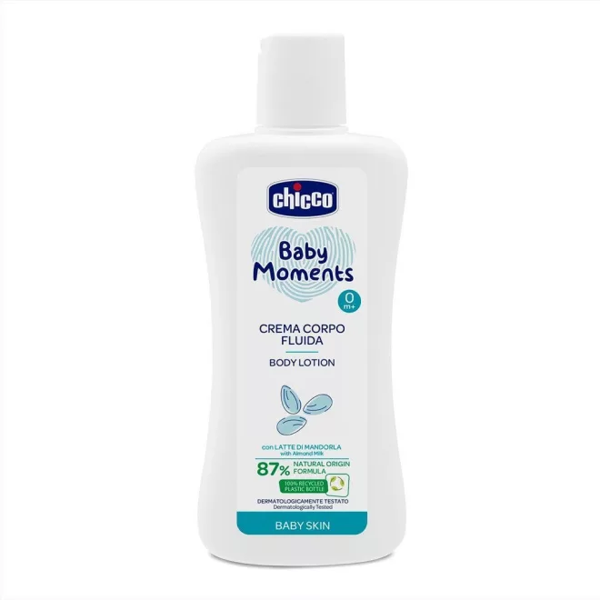 Chicco Baby Moments Testápoló Tej 200ml - 87% Természetes Összetevőkkel, Gyengéd Hidratálás Babáknak, Mindennapos Bőrápoláshoz