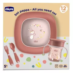   Chicco Étkezési Készlet Pink 12 Hónapos Kortól, Tál, Tányér, Palack és Evőeszköz az Önálló Étkezéshez