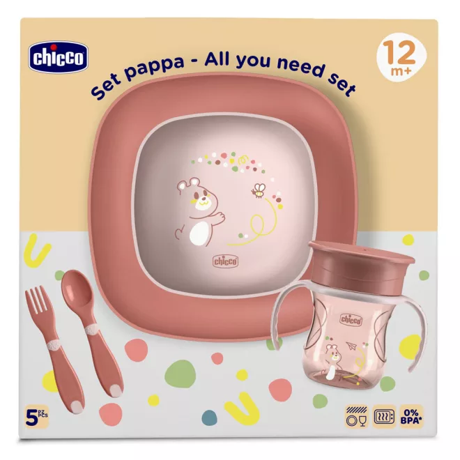 Chicco Étkezési Készlet Pink 12 Hónapos Kortól, Tál, Tányér, Palack és Evőeszköz az Önálló Étkezéshez