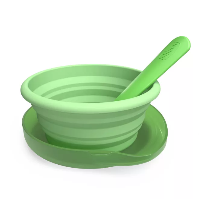 Chicco Go Out Utazó Etetőkészlet Összecsukható 250ml Szilikon Tányérral, Kanállal és Tokkal