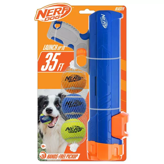 Nerf Dog Kutyajáték Blaster 30 Cm Klip Nélküli Labdával + 3 Db Sípoló Teniszlabda 5 Cm – Aktív Játékhoz és Lefárasztáshoz