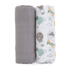   Petite & Mars Bambusz Muszlin Pelenka Szett Misty Grey Planes 2db (120x120cm)