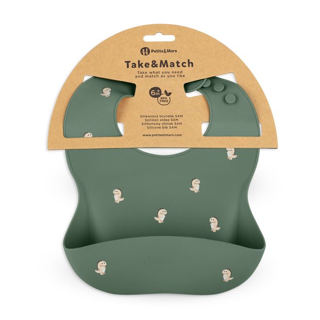 Petite & Mars Szilikon Előke BPA Mentes Take & Match Green Dinos 6 Hónapos Kortól