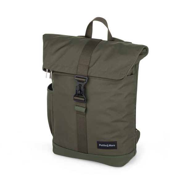 Petite & Mars JACKOB Pelenkázó Hátizsák Babakocsira Military Green - Mágneszáras Roll-Top, 8 Zseb, Laptoprekesz és Vízálló Pelenkázó Alátét