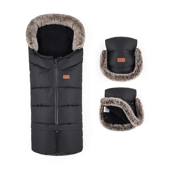 Petite & Mars Arctic 4in1 Téli Szett Furry Forever Black Bundazsák Kézmelegítő és Kesztyű Babakocsira