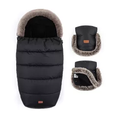   Petite & Mars Comfy 4in1 Téli Bundazsák + Szőrme Kézmelegítő Babakocsira Furry Forever Black - Extra Meleg, Vízálló, OEKO-TEx®, Univerzális Használat, Teljes Téli Szett