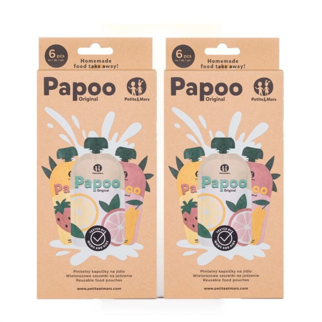Petite & Mars Papoo Original Tasak Bébiételekhez 1+1 - Praktikus és Higiénikus Tároló Bébiételekhez, Újratölthető és Környezetbarát