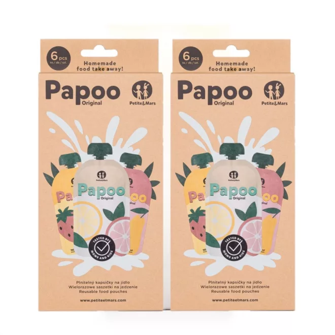 Petite & Mars Papoo Original Tasak Bébiételekhez 1+1 - Praktikus és Higiénikus Tároló Bébiételekhez, Újratölthető és Környezetbarát