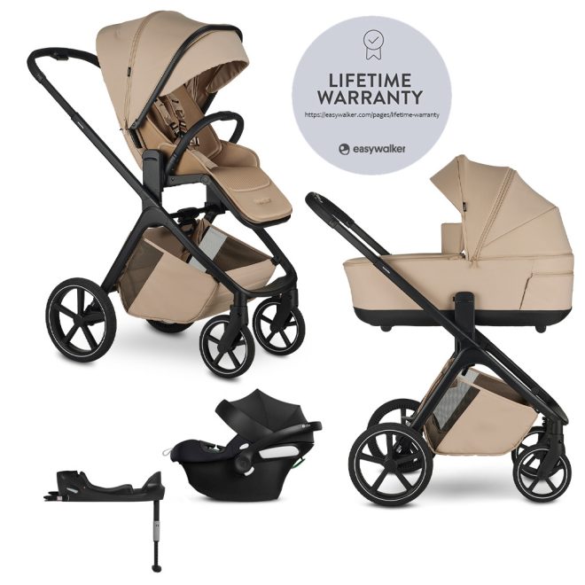 EasyWalker Zoey 3 az 1-ben Kombinált Babakocsi Szett Almond Taupe CYBEx Aton B2 i-Size Autósüléssel és Bázistalppal - Újszülöttől, Biztonságos Utazás