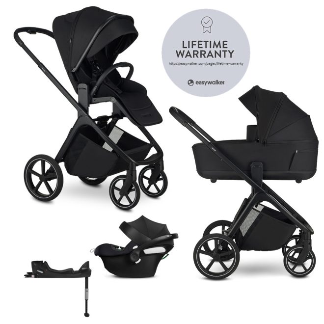 EasyWalker Zoey 3 az 1-ben Kombinált Babakocsi Szett Pure Black CYBEx Aton B2 i-Size Autósüléssel és Bázistalppal - Újszülöttől, Biztonságos Utazás