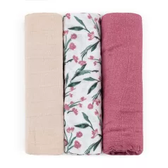   Petite & Mars Bambusz Muszlin Pelenka Szett 3db Moussy Pink Meadow 68x68cm - Puha, Légáteresztő és Bőrbarát Pelenkák Újszülötteknek