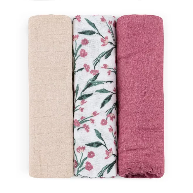 Petite & Mars Bambusz Muszlin Pelenka Szett 3db Moussy Pink Meadow 68x68cm - Puha, Légáteresztő és Bőrbarát Pelenkák Újszülötteknek