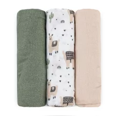   Petite & Mars Bambusz Muszlin Pelenka Szett 3db Moussy Llama Vibes 68x68cm - Puha, Légáteresztő és Bőrbarát Pelenkák Újszülötteknek
