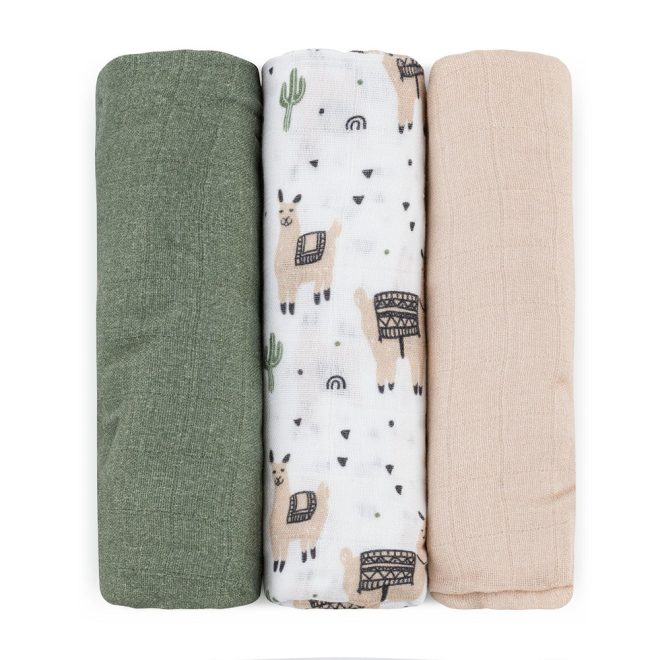 Petite & Mars Bambusz Muszlin Pelenka Szett 3db Moussy Llama Vibes 68x68cm - Puha, Légáteresztő és Bőrbarát Pelenkák Újszülötteknek