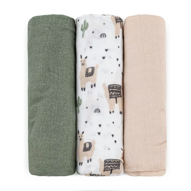 Petite & Mars Bambusz Muszlin Pelenka Szett 3db Moussy Llama Vibes 68x68cm - Puha, Légáteresztő és Bőrbarát Pelenkák Újszülötteknek