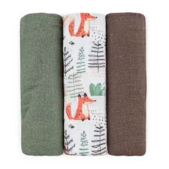   Petite & Mars Bambusz Muszlin Pelenka Szett 3db Moussy Forest Fox 68x68cm - Puha, Légáteresztő és Bőrbarát Pelenkák Újszülötteknek