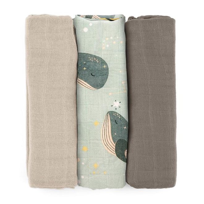 Petite & Mars Bambusz Muszlin Pelenka Szett 3db Moussy Whale Song 68x68cm - Puha, Légáteresztő és Bőrbarát Pelenkák Újszülötteknek
