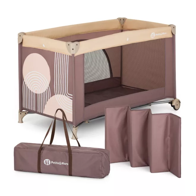 Petite & Mars NYJA Utazóágy Elegant Dreamlines Mocha - Összecsukható, Könnyen Szállítható Baba Utazóágy, Otthonra és Útra