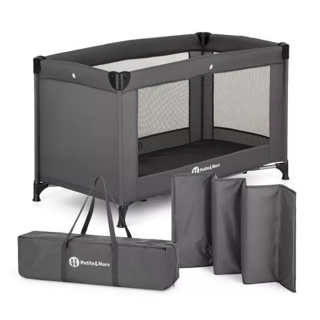 Petite & Mars Koot Literite Utazóágy - Dark Grey, Könnyű és Összecsukható Baba Utazóágy, Otthonra és Útra