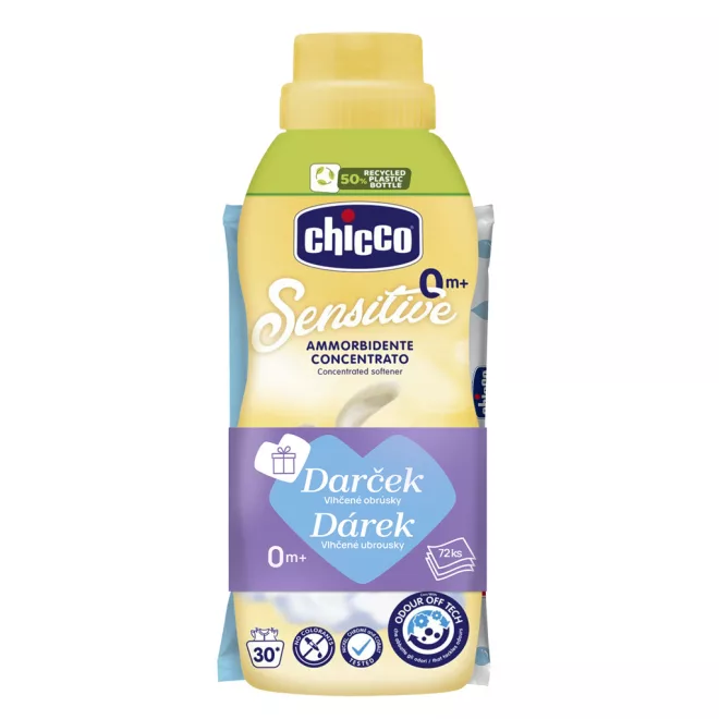 Chicco Koncentrált Öblítő Lágy Érintés 750ml + Nedves Törlőkendő 72db Ingyen - Kíméletes Baba Ruhatisztításhoz és Friss Illathoz